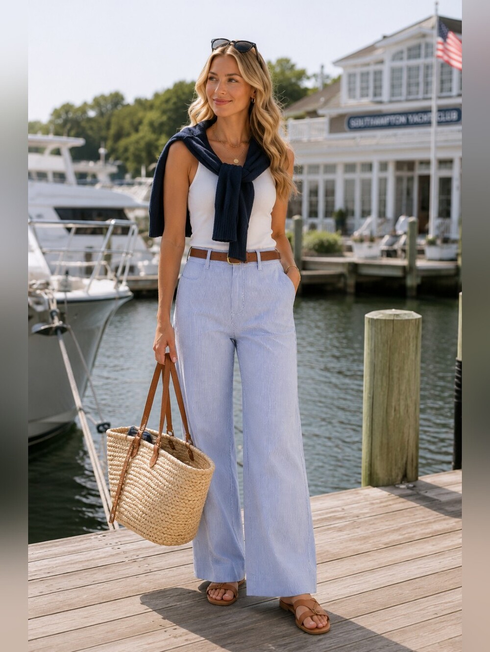 J.Crew Blue White Stripe Wide Leg Pants 27T Coastal Quiet Luxury